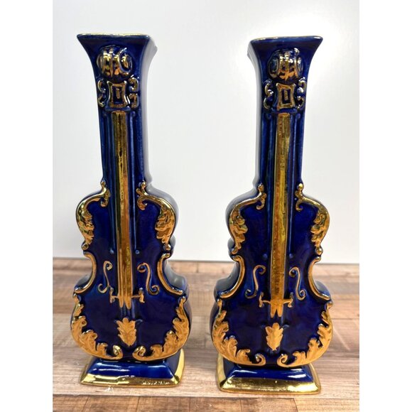 2 Vintage Cobalt Blue & Gold Violin Shaped Ceramic Wall Pockets Decorative - Picture 1 of 5